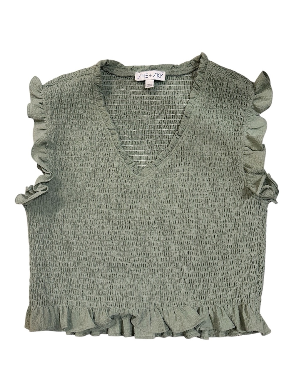 She + Sky Sage Green Smocked V-Neck Ruffle Tank Top